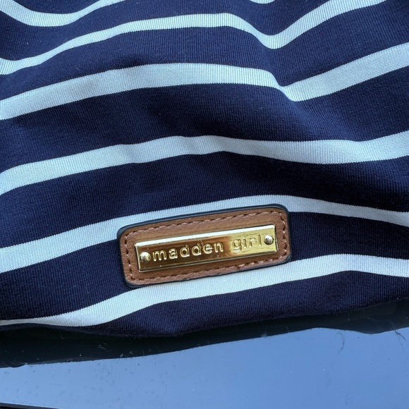 Madden Girl Navy and White Striped Tote with Brown Trim - Picture 5 of 16